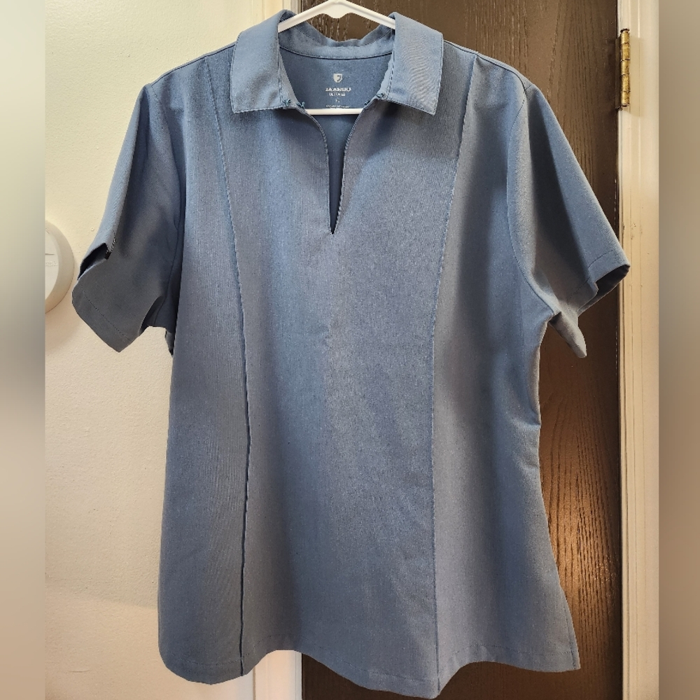Jaanuu Women's Carys Short Sleeve Polo Collar Scrub Top in Stoem Blue